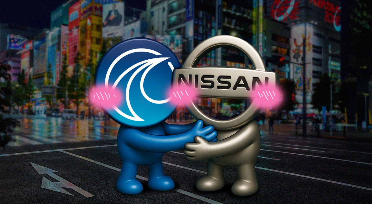 The Wayve and Nissan logos embracing on the streets of Tokyo.
