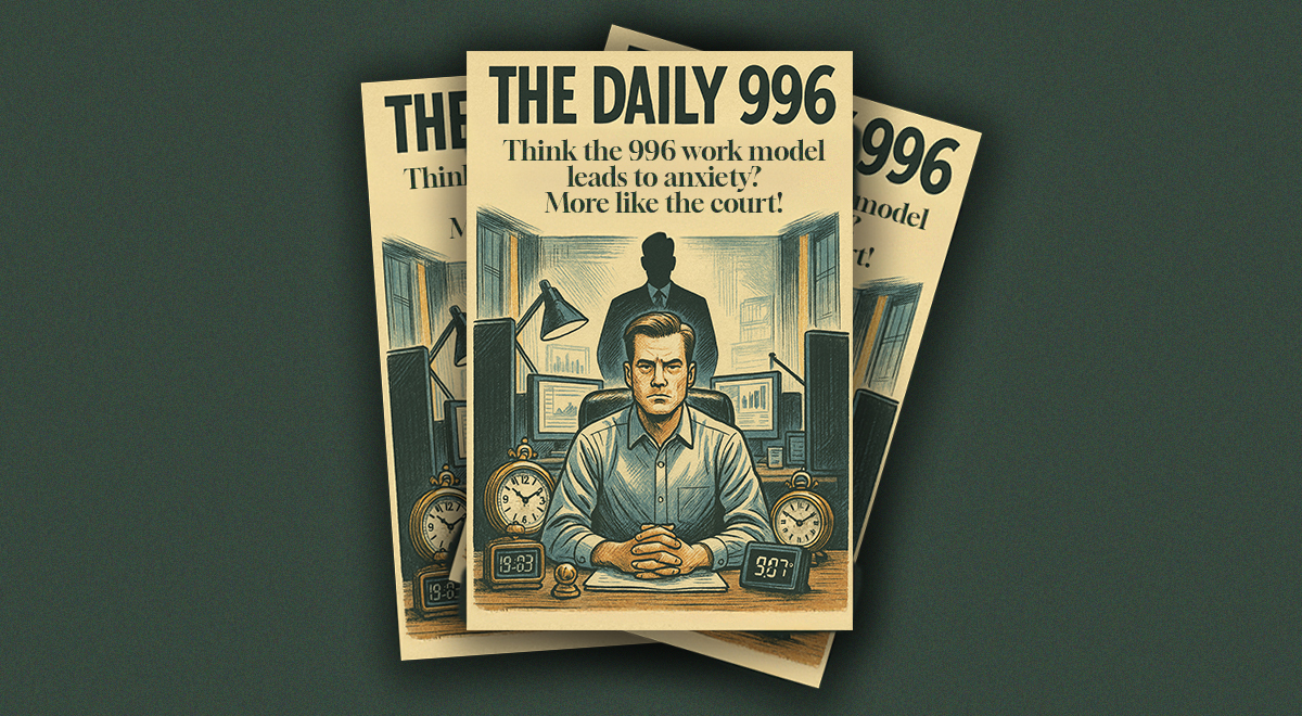 man in blue shirt on cover of magazine, the daily 996, judge, clocks, office