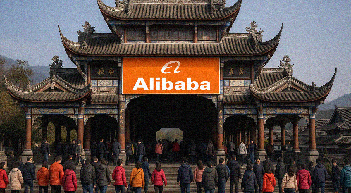 People-near-a-traditional-chinese-building-and-on-the-building,-show-a-Alibaba-logo