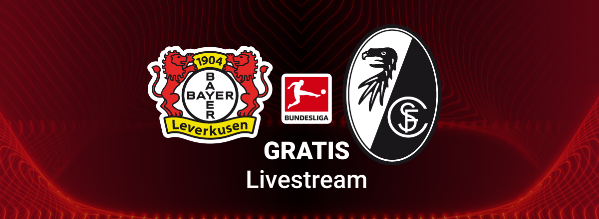 Leverkusen vs. Freiburg, Team Logos, roter Hintergrund, Livestream Bundesliga