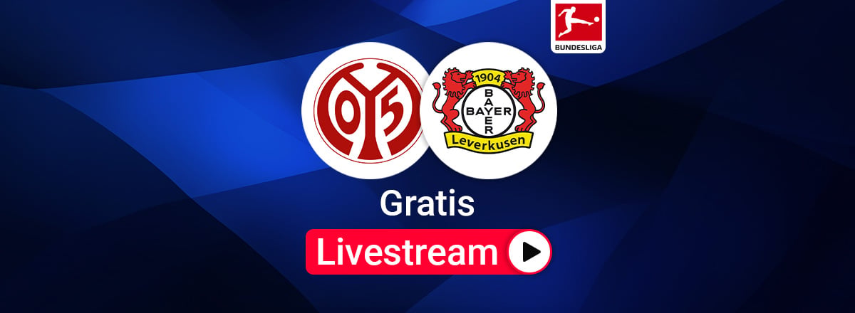 Team Logos Mainz gegen Leverkusen Bundesliga Livestream, blauer Hintergund