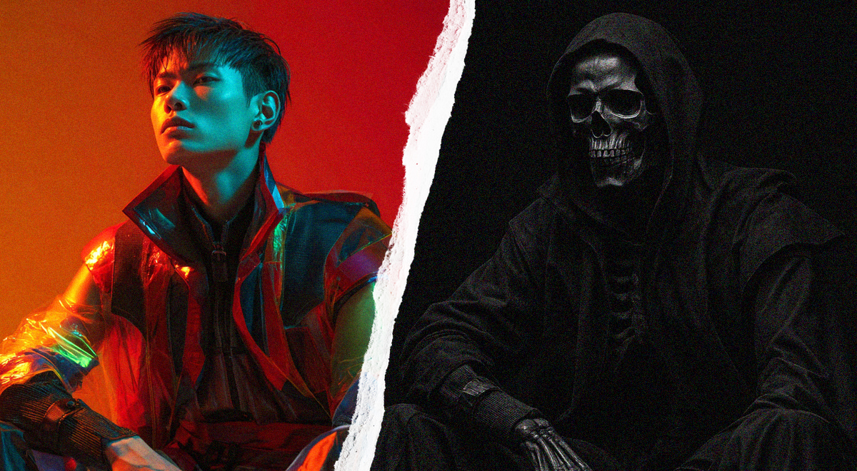 A split-poster of a Korean actor and one of a ghoul.