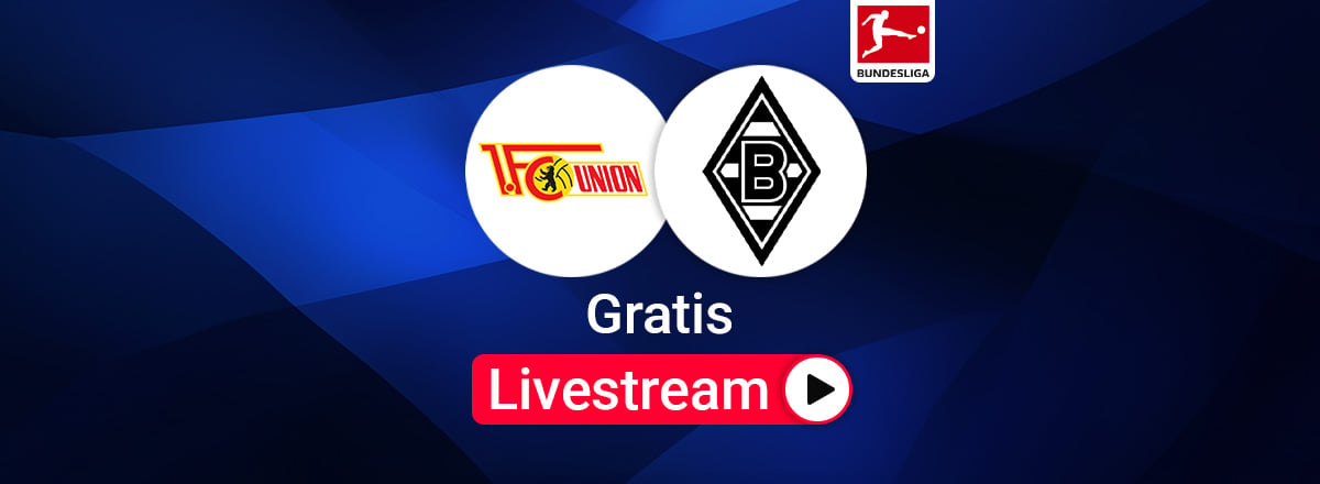 Team Logos, Union Berlin gegen Gladbach Bundesliga Livestream, blauer Hintergund