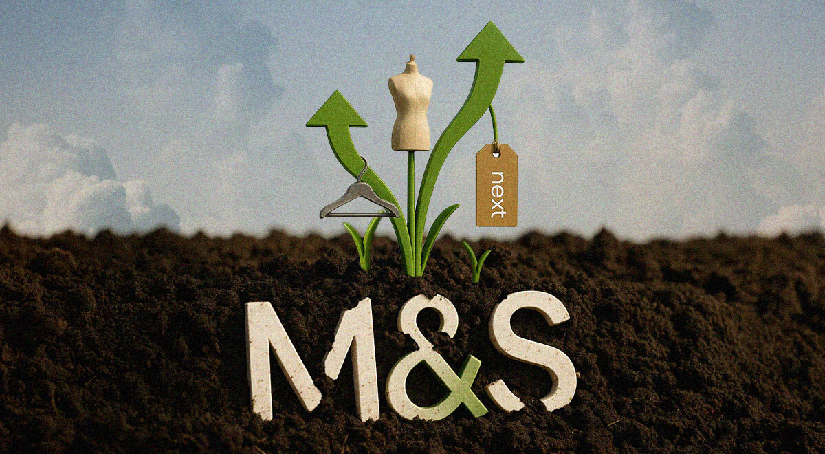 marks-and-spencers logo under ground, Next tag, green arrows growing from dark soil