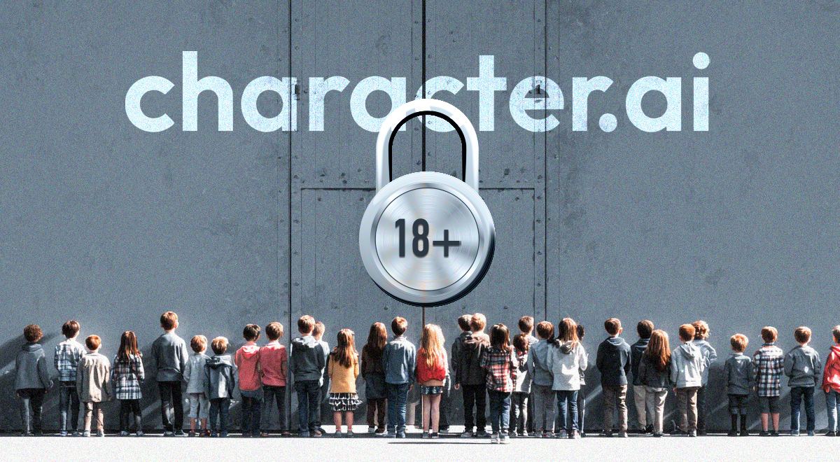 A group of children stand facing the wall with the Character.ai logo on it