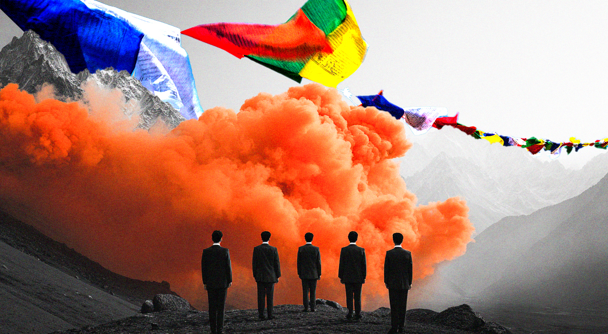 Five suited officials overlooking a firework dragon display in the Chinese mountains.