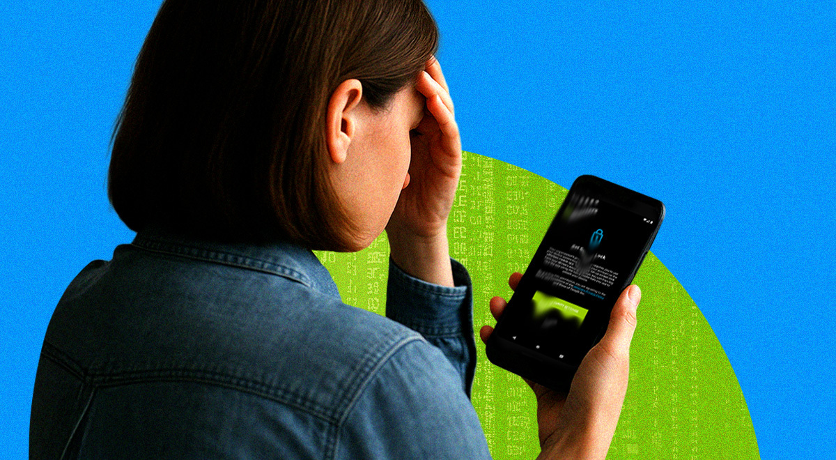 A disconcerted parent worrying as a data breach happens on her phone.
