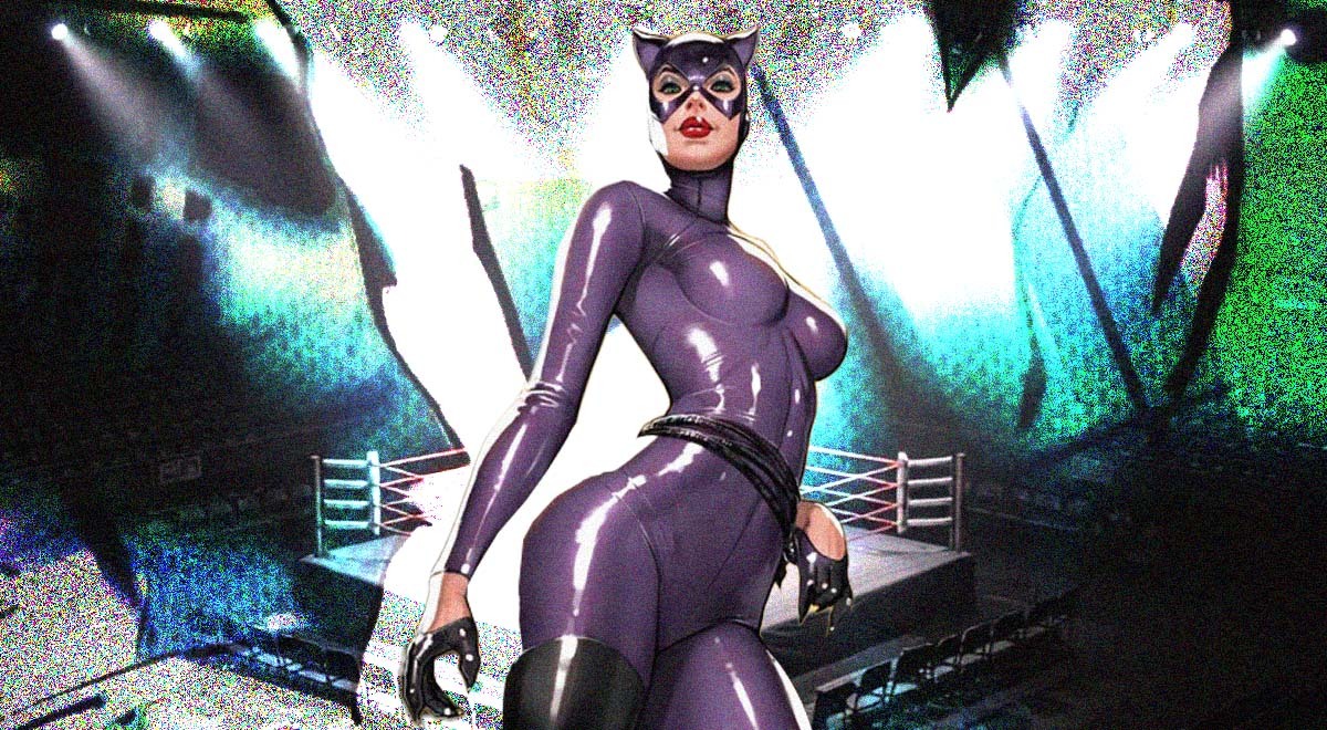 Cat-woman, in purple, atop a ripped-up picture of a wrestling ring.