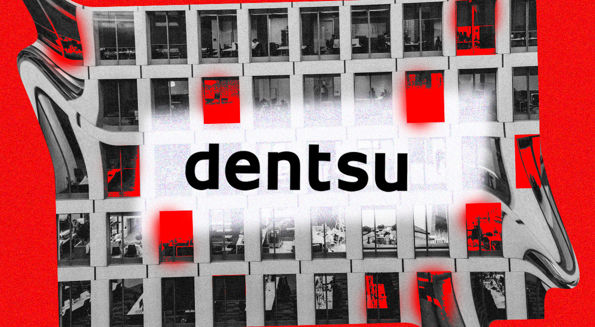 Dentsu logo with an office building