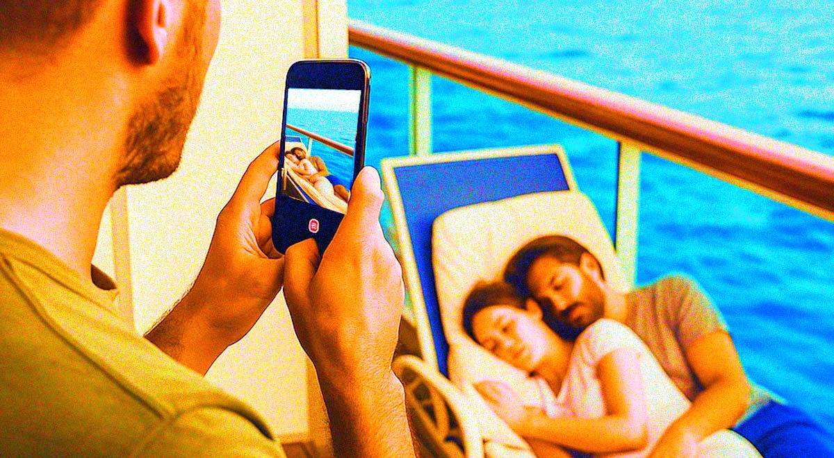Someone filming a sleeping couple on their balcony on a cruise-ship.