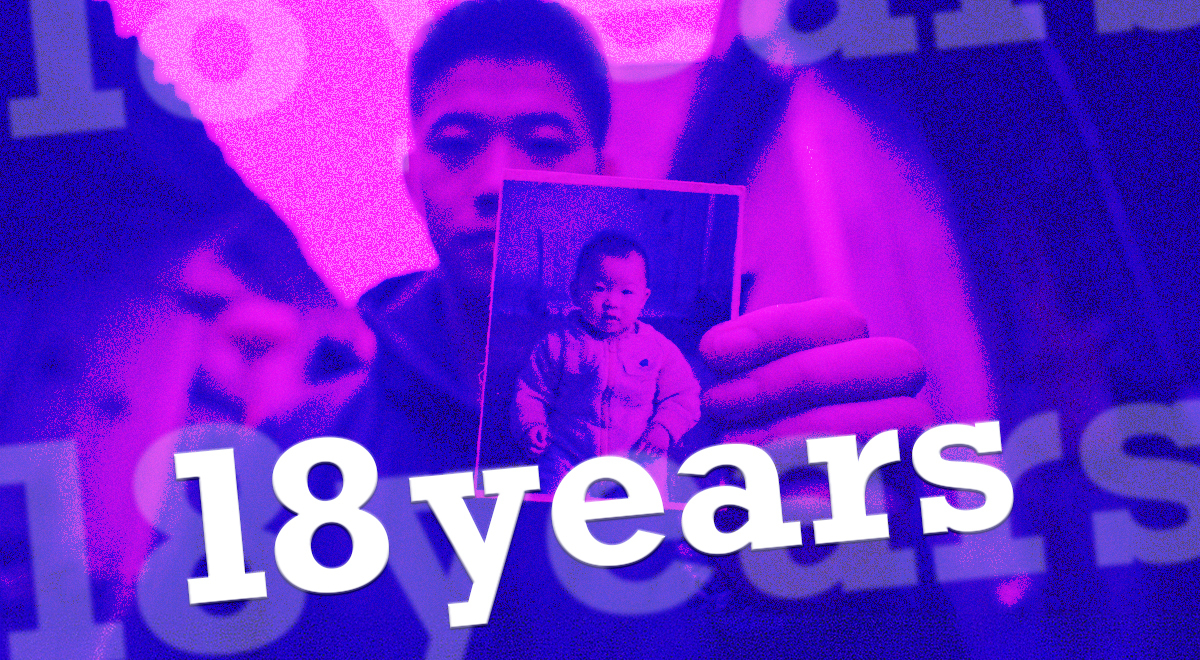 A parent showing their son as a baby and displaying a photograph in China.