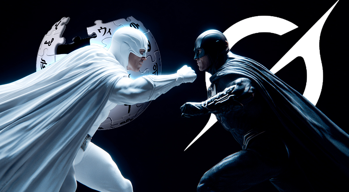 Wikipedia facing Grokipedia; superhero and anti-hero