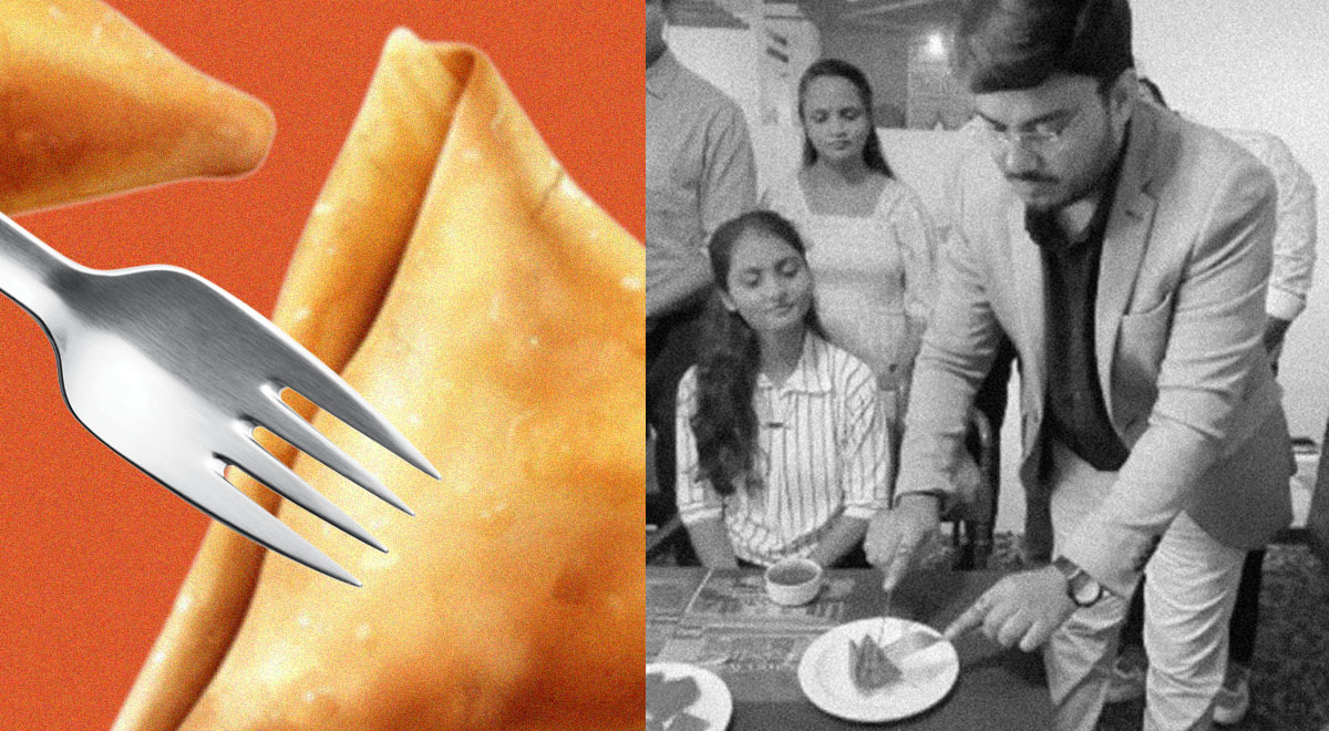A split-screen of an influencer showing how to eat a samosa with a knife and fork.