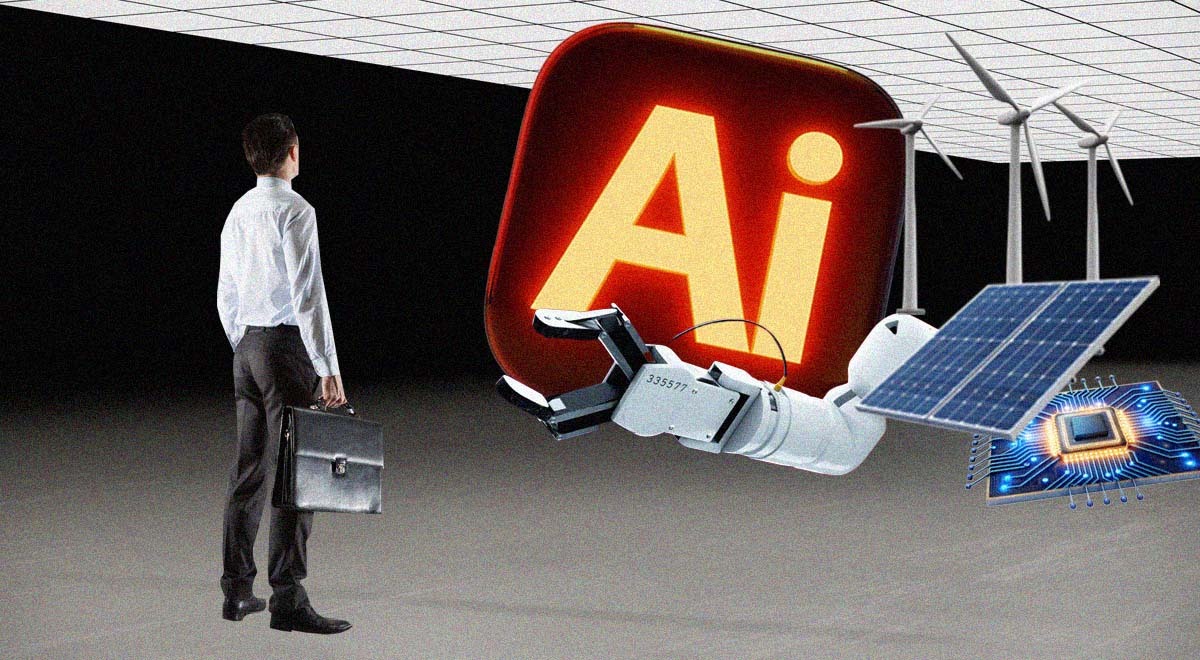man, black pants, white shirt, AI, solar panel, wind mill, AI chip, suitcase