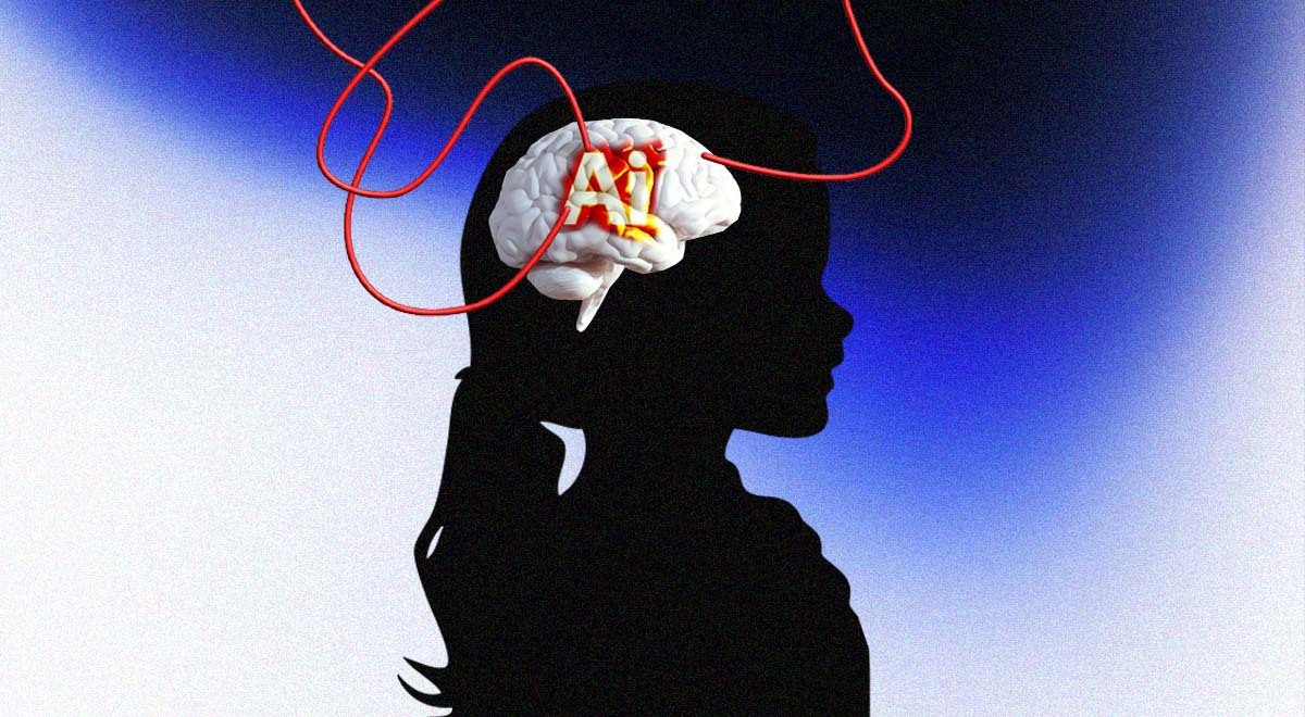 black profile of a girl, pony tail, AI, red wire, white brain