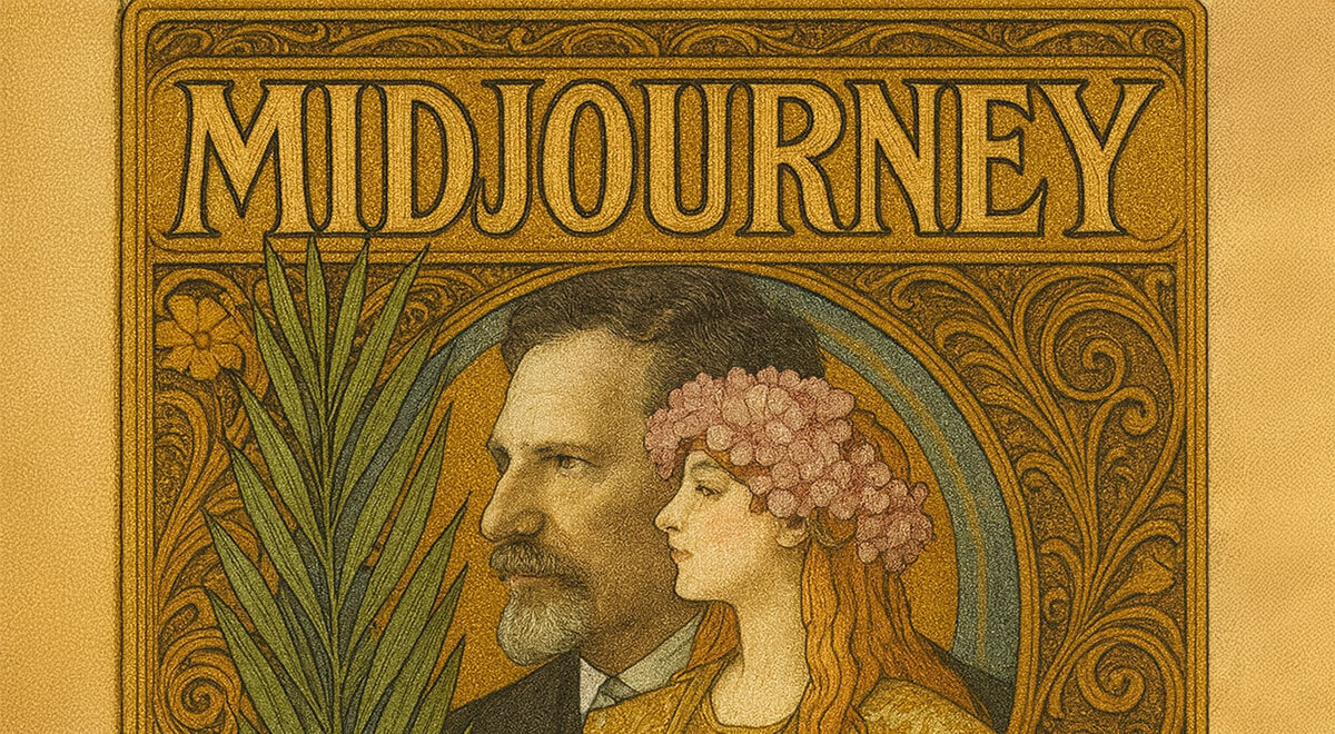 midjourney sign in mucha's style with ginger female and Wes Andersons profile 