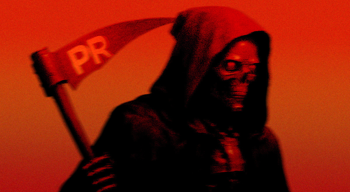 grim reaper, metal grim face, black hood, blurry black scythe with PR,