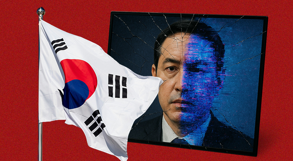 A Korean minister with a cracked screen in a deepfake, next to the South Korean flag.