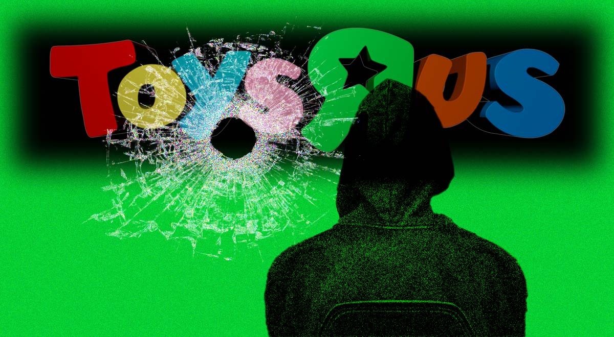 Toys 'R' Us logo with a bullet hole