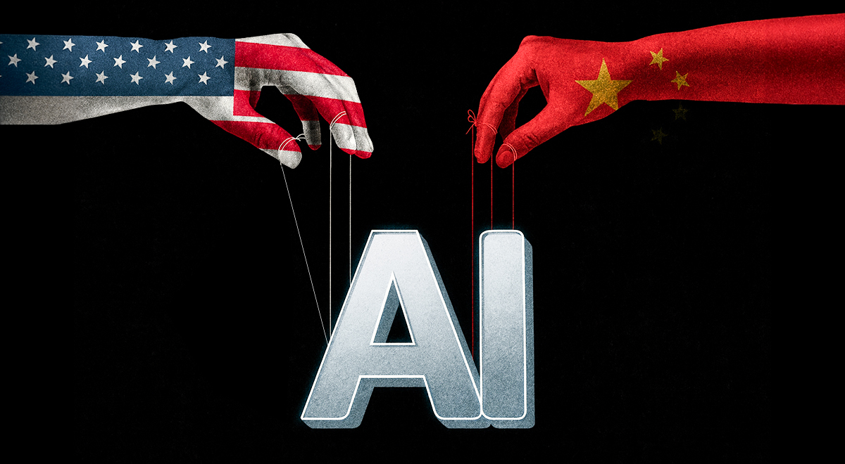 Two arms with American and Chinese flags on them