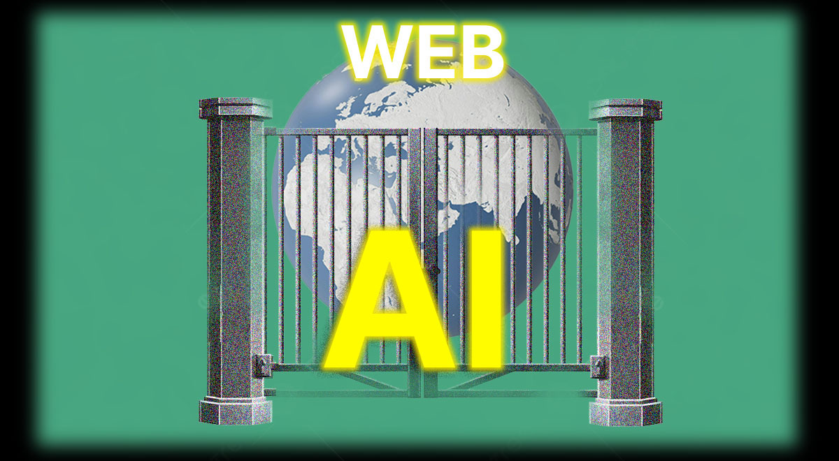 grey gate, earth behind it, AI yellow sign, green background