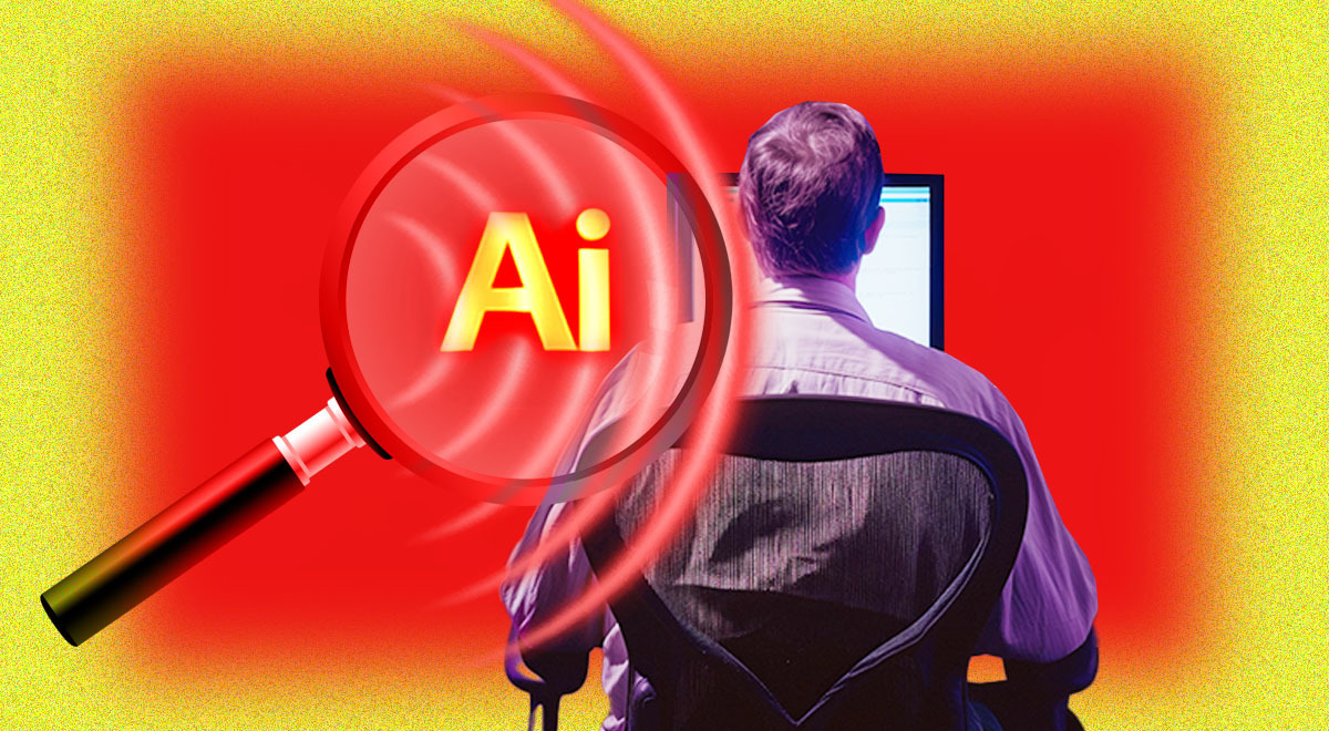 ai in magnifying glass, man at computer desk, red and yellow background