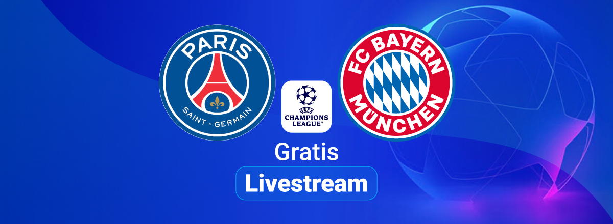 PSG vs Bayern Team Logos, Champions League, blauer Hintergund