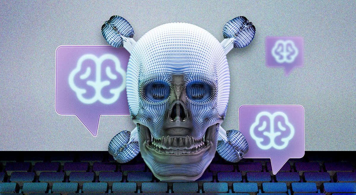 A laptop's screen with a skull