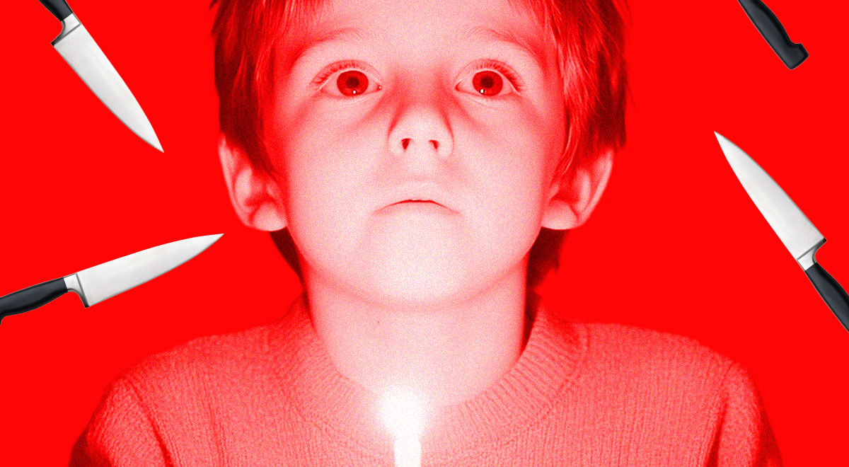 A child surrounded by knives