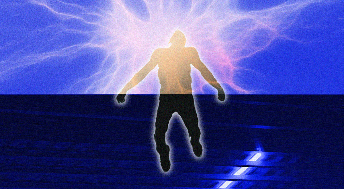 A silhouette being beamed up to space.