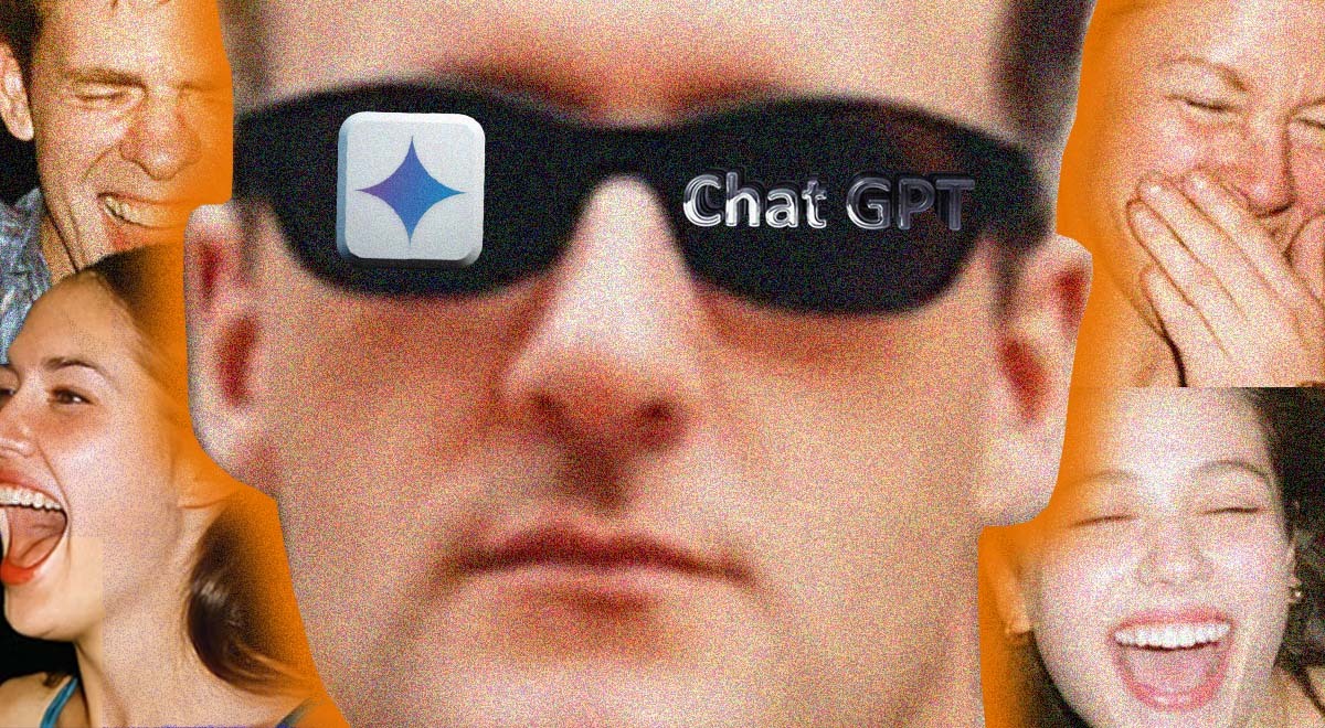 A man wearing sunglasses with logos of ChatGPT and Gemini on them