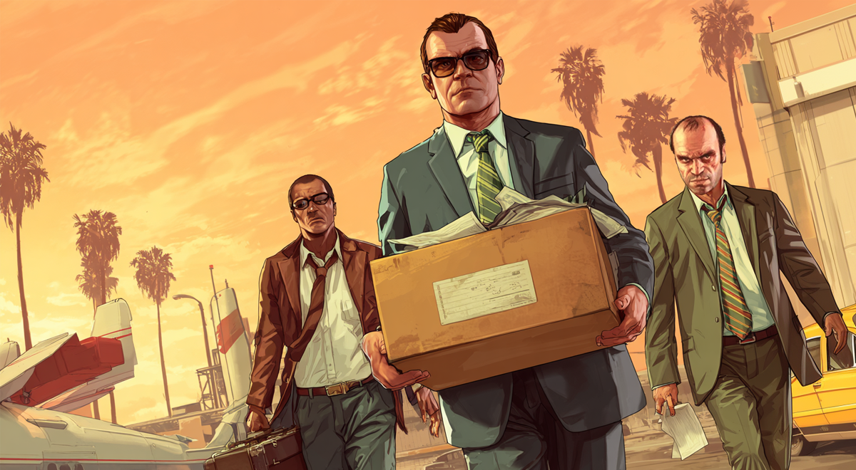 grand theft auto characters in suit carry boxes and are fired, california evening, palm trees