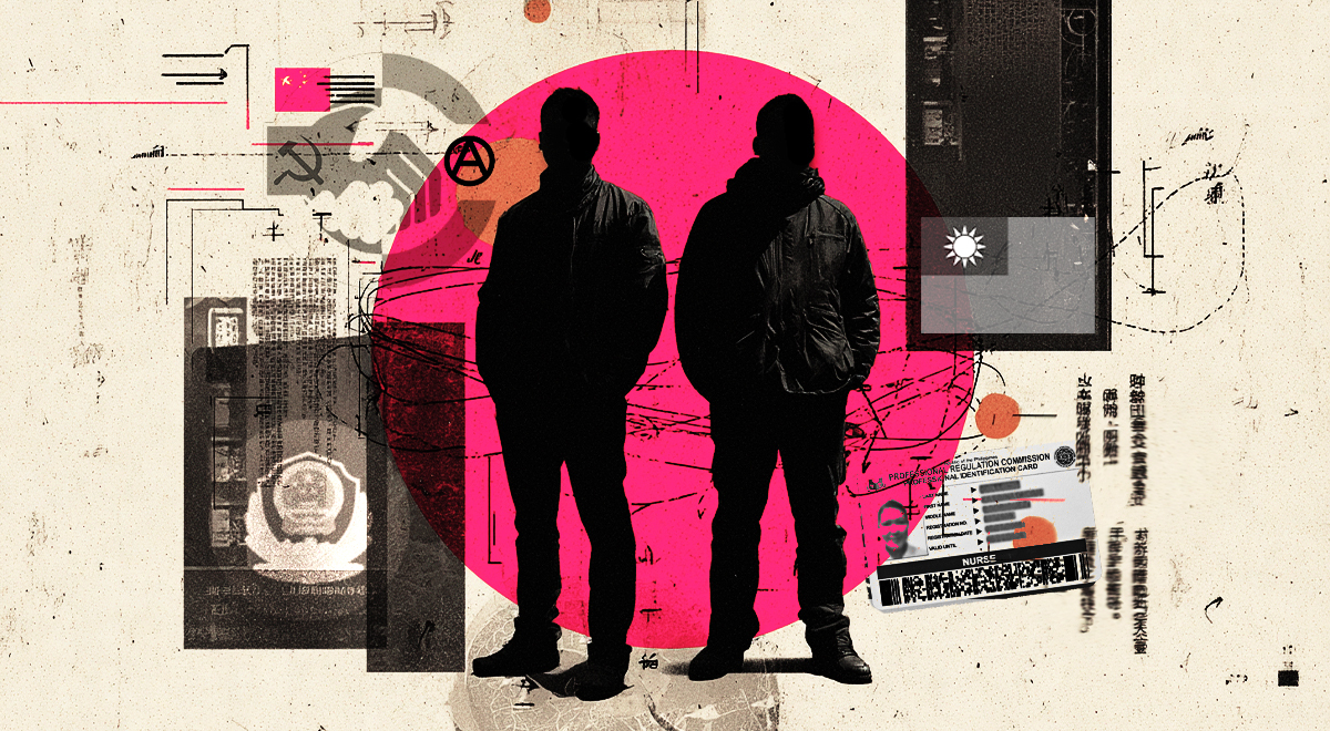 Hip-style silhouettes of two influencers surrounded by Chinese propaganda.