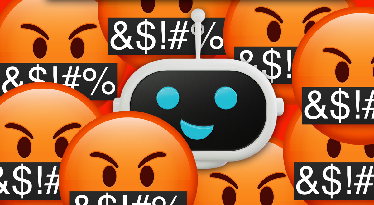 A robot surrounded by angry faces