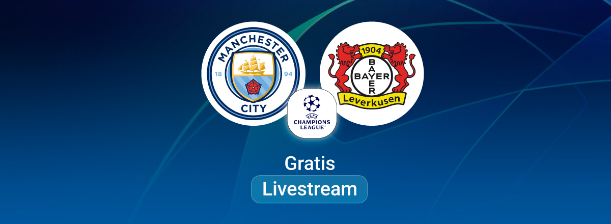 Man City vs. Leverkusen, Team Logos, Champions League Stream, blue backround