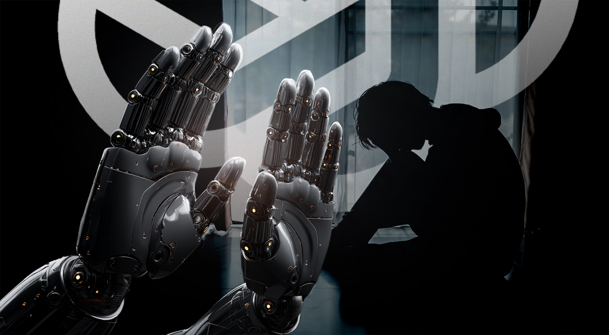 Robot's hands and a teenager in distress with OpenAI logo in the background