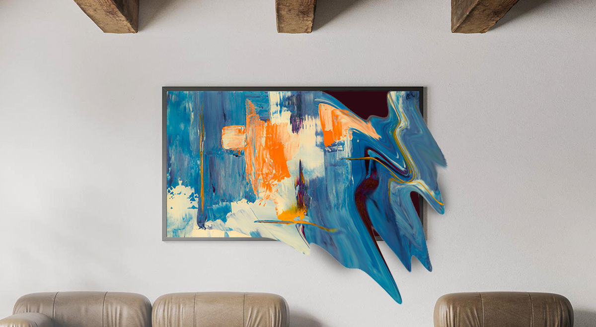 Modern painting, art, on a bright wall leaking via lower corner to represent a data leak