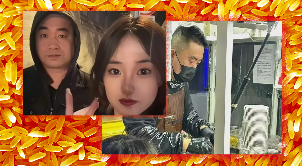A daughter in China and her father cooking fried rice, in social media style.