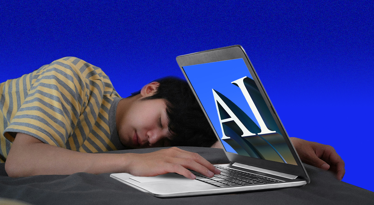 asian man in stripped t-shirt in yellow and pink sleeps on desk with laptop open, AI white sign