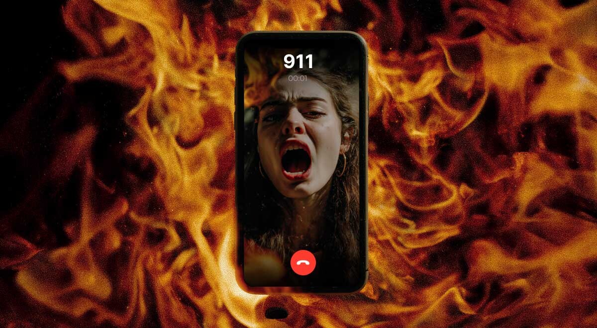 A terrified victim on the phone screen in the blaze of a fire.
