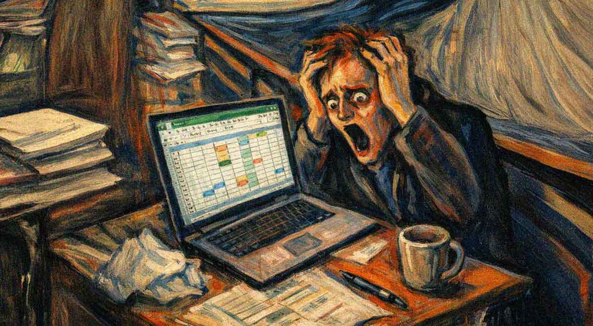 a surreal image _think edvard munch_ of people stressing out because of filling in excel sheets