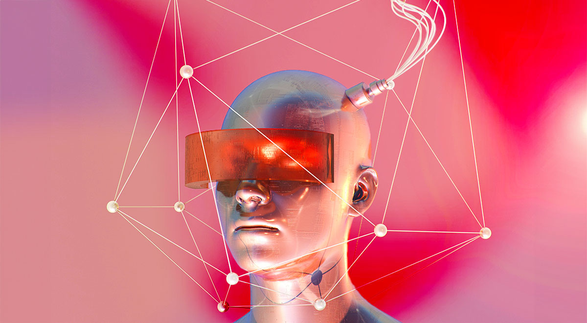 A robot on a pink background