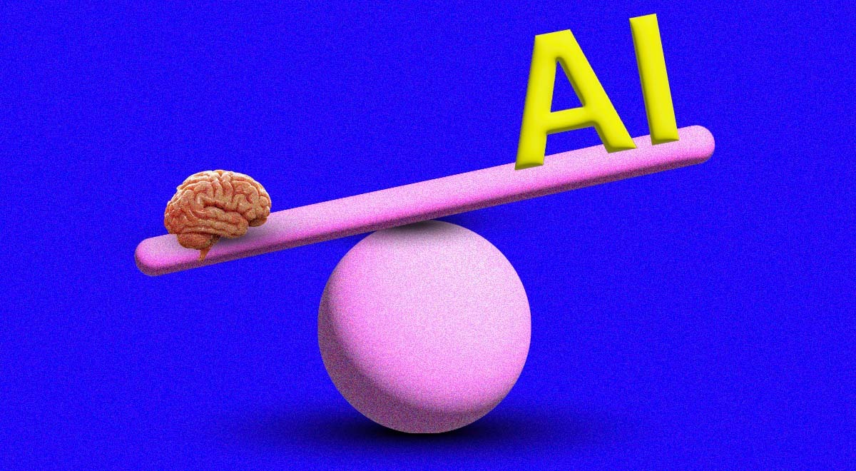 Balance scales with the brain on one side and letters AI on another