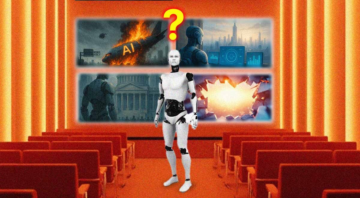 An AI bot with four comic book style scenarios including devastation and success.