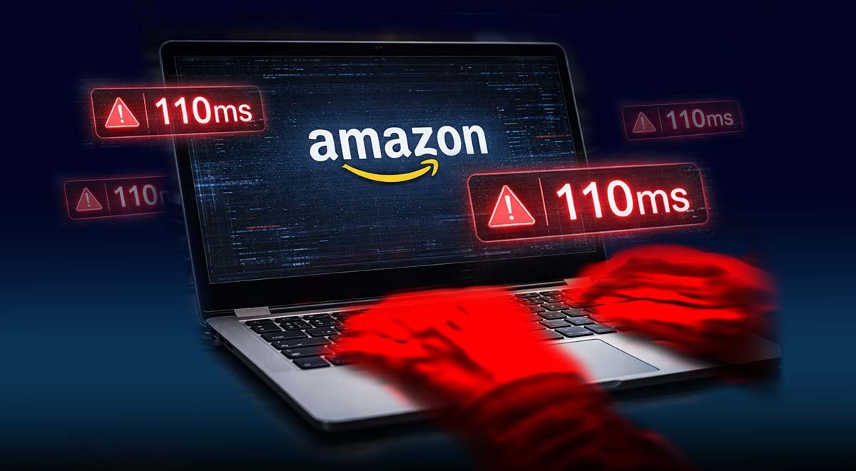 An Amazon screen on a laptop with 110 milisecond warning signs for speed.