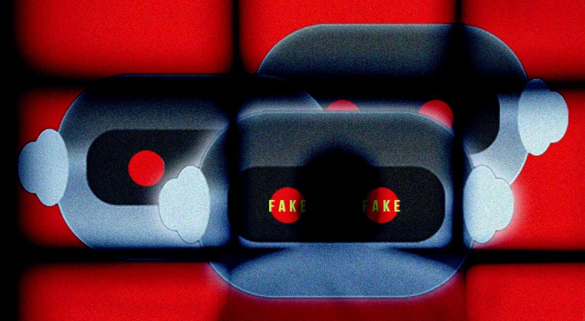 Three robot heads on a red background