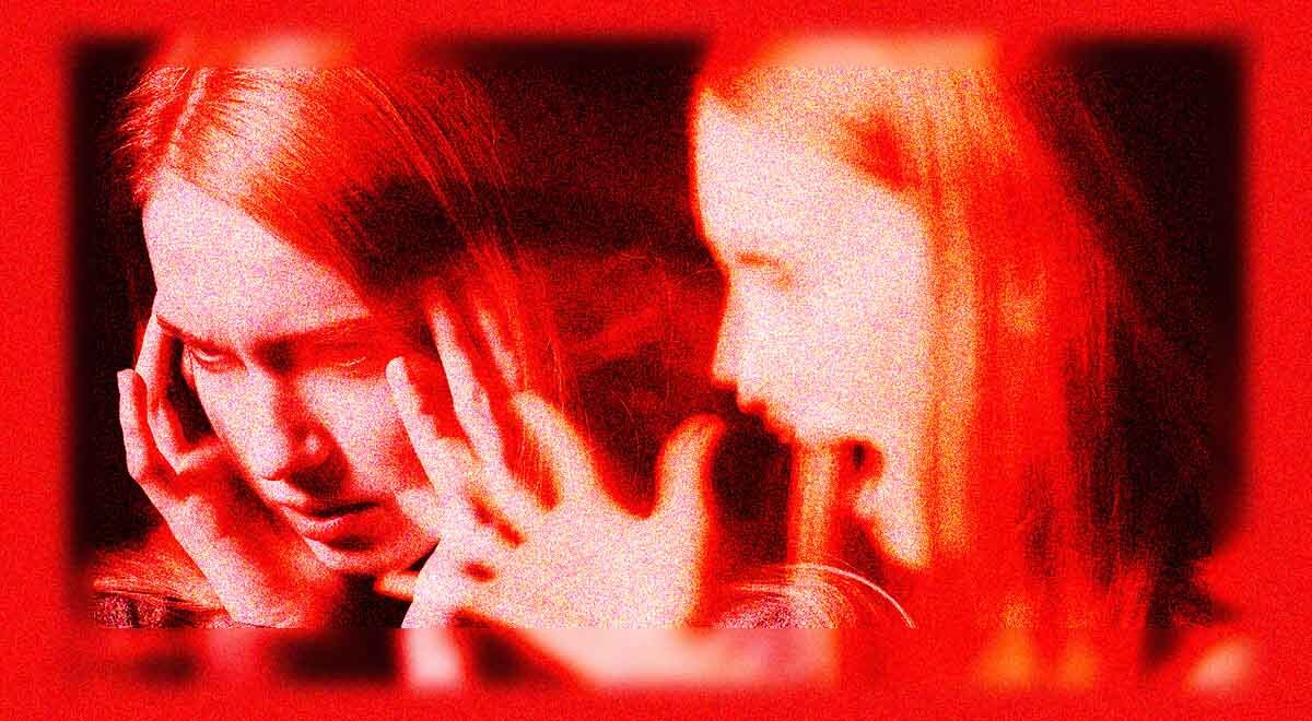 Two images of a distressed woman on a red background