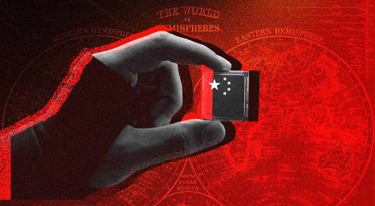 shadowy hand holds black chip, china stars on it, red background,