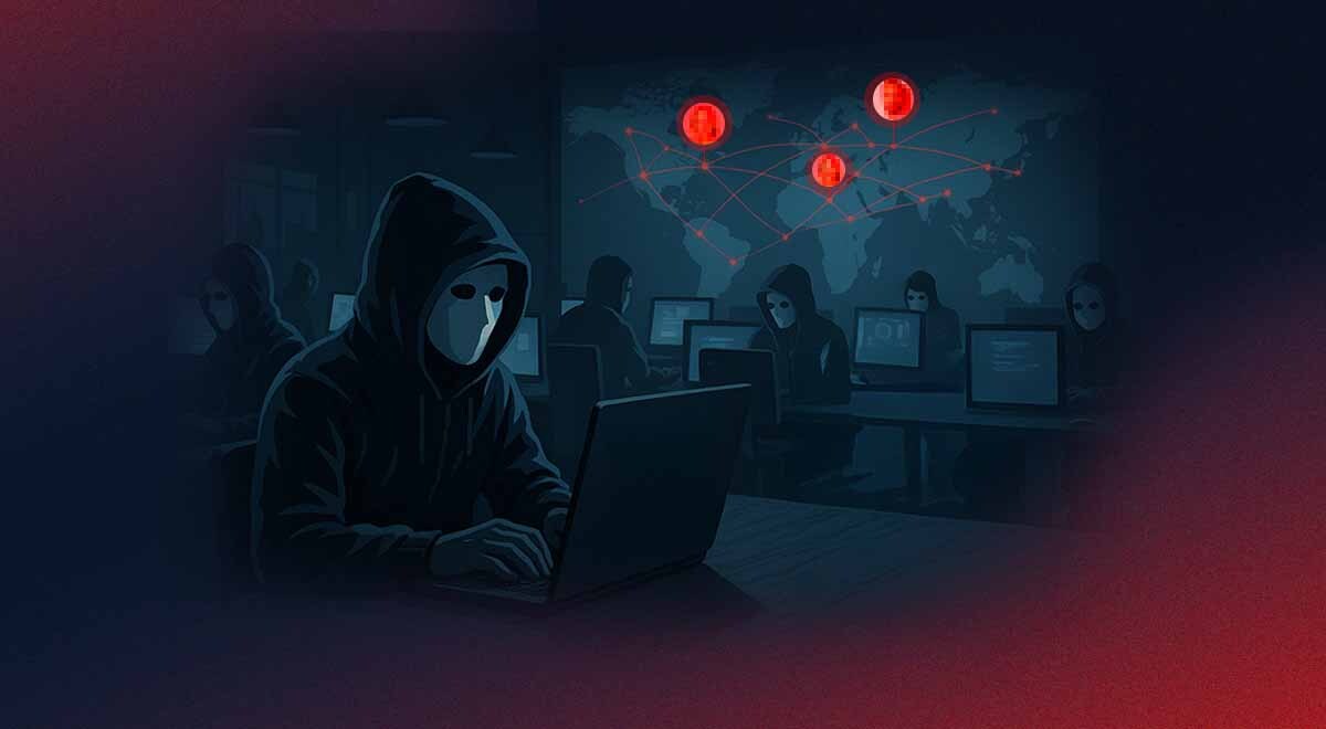 A shady group of cyber criminals in a shadowy warehouse.