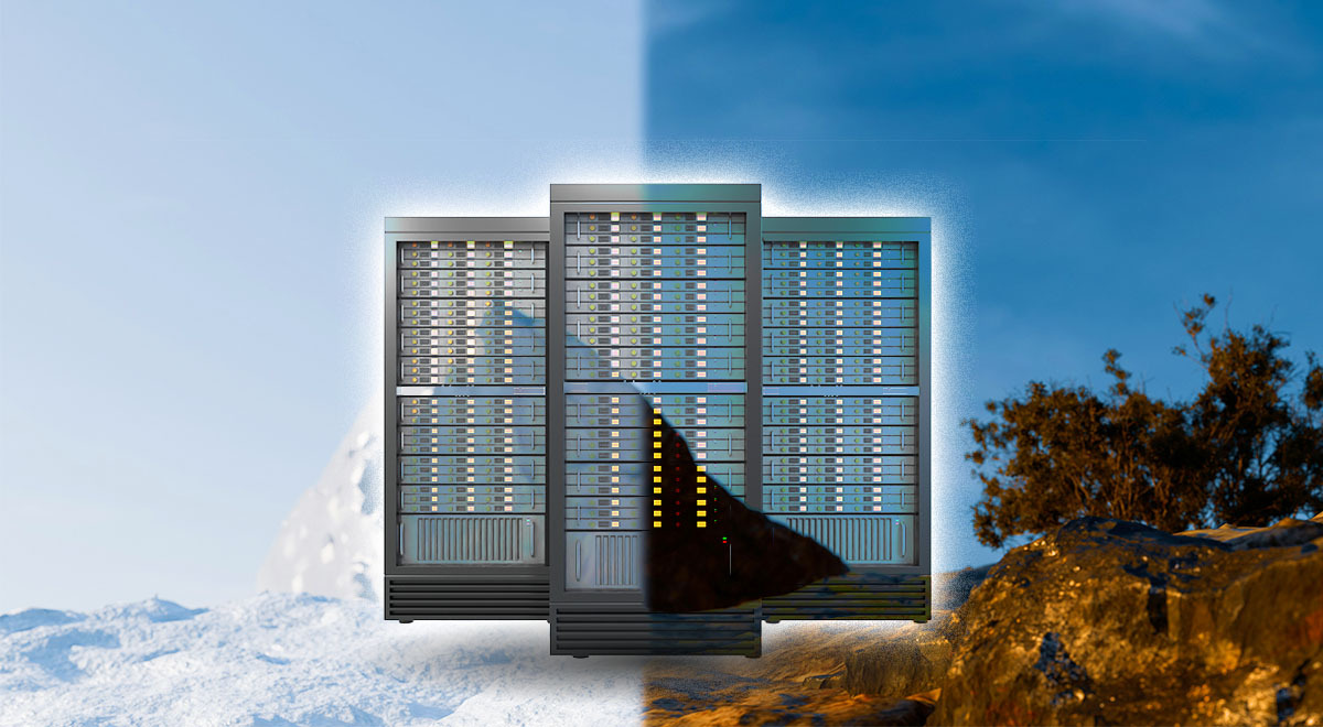 Servers and the concepts of cold and hot climates on the backgrounds